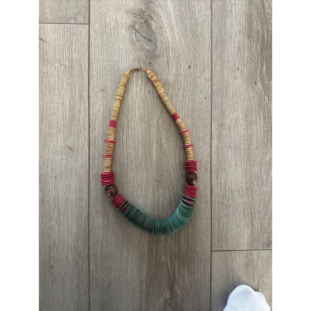 Vintage Wood Bead Disc Jewelry Necklace Natural BOHO Ombre Color 1980s Statement